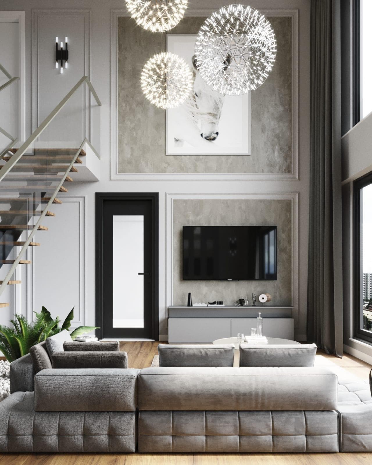 Yüksek tavanlı modern salon iç mekânı